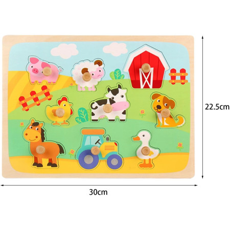 Puzzle Montessori din Lemn pentru Copii, Cyrax, 3D, 0-3 Ani, Model Ferma, Educativ, Intuitiv, Creativ, 9 Piese, 30x22.5x0.8 cm, Multicolor