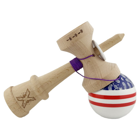 Kendama X Originala CHICANOS, Profesionala, Cyrax, Cupe Mari KING SIZE V3, Super Sticky, Gaura in Baza, Rulment Metalic, din lemn 18 cm, Ata 55 cm, Mov/Alb