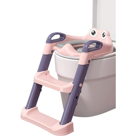 Reductor si Scaunel Inaltator WC, Cyrax, pentru Copii 1 - 7 Ani, 2 Trepte Reglabile, Pliabil, Colac Moale, cu Spatar si Manere, Inaltime 54/58 cm x 39.5 x 35 cm, din Plastic+PVC, Roz/Mov