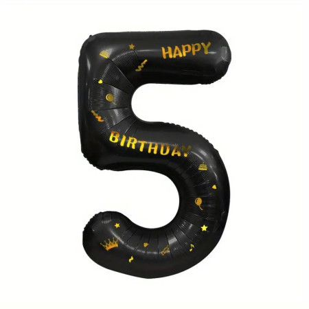 Balon din Folie Metalizata Cyrax, Figurina Cifra si Coroana, Scris Happy Birthday, Tema Aniversare 100 cm, Ambalaj Individual, Pai inclus, Umflare cu Aer sau Heliu, Negru, Cifra 5