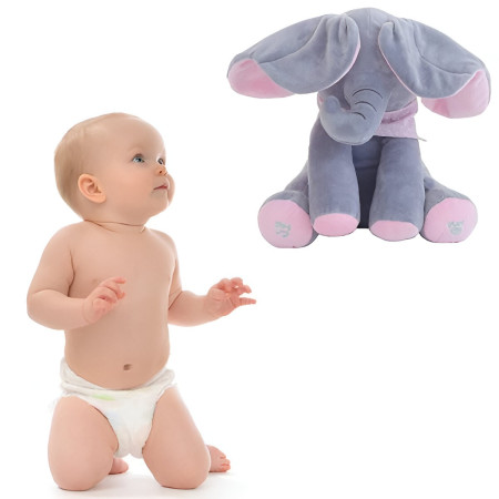 Jucarie Interactiva pentru Copii, Cyrax, Elefantel Peek-a-boo, Muzica, Misca Urechile, Alimentare cu Baterii, 30 cm, Roz-Gri