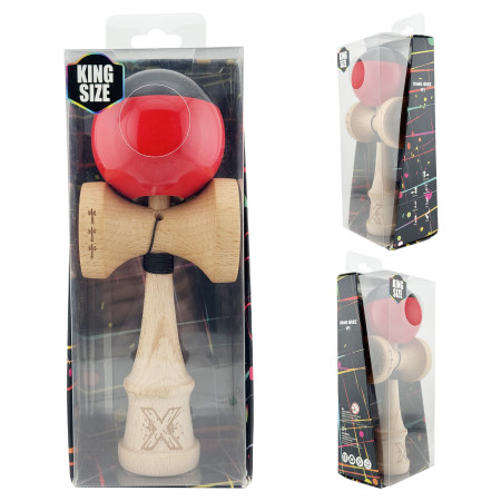 Kendama X Originala, Profesionala, Cyrax, Big Cups V2, Super Sticky cu Cupe Mari, Rulment Metalic, din lemn 18 cm, Ata 55 cm, Negru/Rosu
