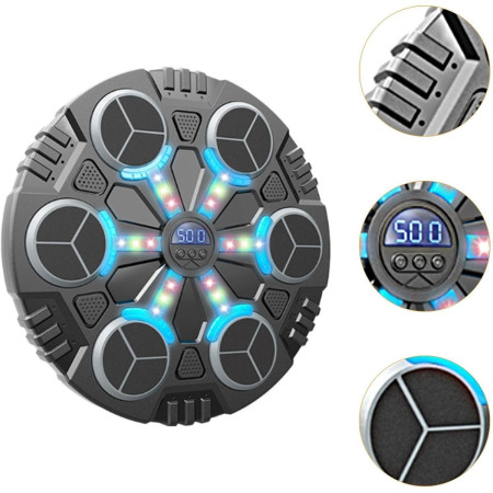 Jucarie de Boxat cu Muzica si Lumini, Cyrax, Manusi Incluse, Bluetooth, Incarcare USB, Aplicare cu Ventuze, 6 Tinte, 32x27x3.5 cm, 930 g, Negru