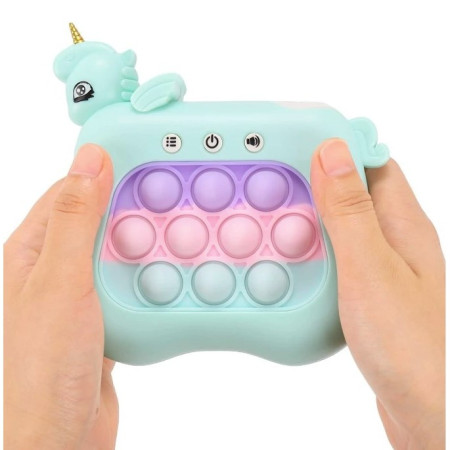 Jucarie Interactiva Tip Consola pentru Copii, Cyrax, 12 Nivele, Diferite Moduri de Joc, Material ABS/silicon, cu Nivele, Sunete si Lumini, 13.5 x 5.5 x 12.5 cm, Model Unicorn, Albastru