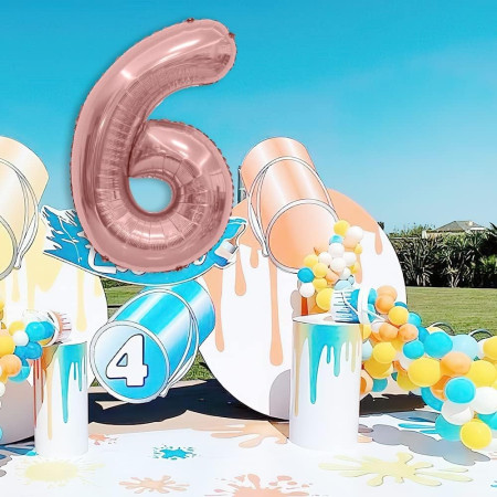 Balon din Folie Metalizata Cyrax, Figurina Cifra, Tema Aniversare 80 cm, Ambalaj Individual, Pai inclus, Umflare cu Aer sau Heliu, Rose, Cifra 6