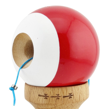 Kendama X Originala, Profesionala, Cyrax, Big Cups V2, Super Sticky cu Cupe Mari, din lemn 18 cm, Rulment Metalic cu Ata 55 cm, Rosu/Alb