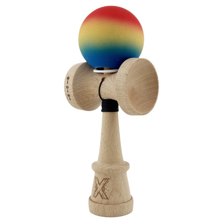 Kendama X Originala, Profesionala, Cyrax, Cupe Mari KING SIZE V3, Rubber Grip, Gaura in Baza, Rulment Metalic, din lemn 18 cm, Ata 62/65 cm, Gradient Rosu/Galben/Albastru
