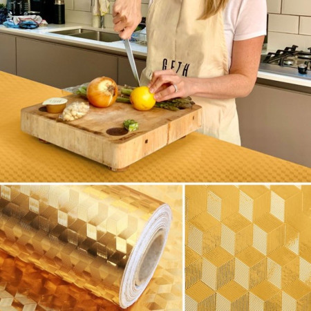 Autocolant de Bucatarie, Cyrax, Autoadeziv, Impermeabil, Rezistent la Temperaturi Ridicate, din PVC, 60 x 100 cm, Model Cub 3D, Auriu