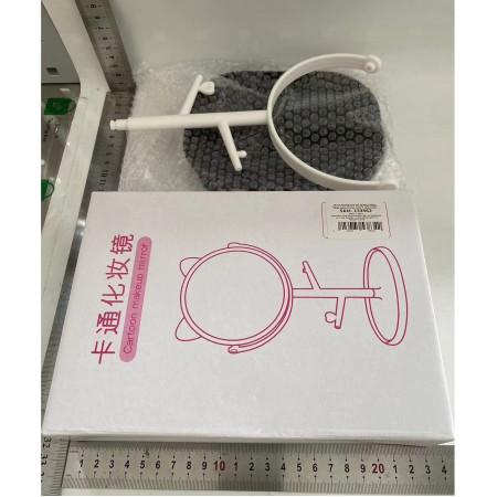 Oglina Cosmetica cu Picior, Cyrax, HD, Rotire 360 Grade, 15 cm Diametru, Suport Bijuterii Baza + Brate, Model cu Urechi, 30 x 16.5 x 15 cm, Alb/Negru