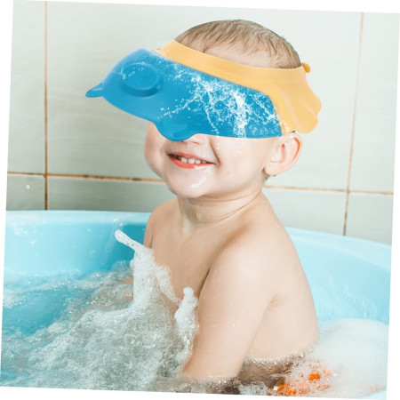 Cyrax Viziera de Protectie Baie Pentru Copii, Fippy, Model Purcelus, Dimensiune ajustabila, Durabil, Usor de curatat, Impotriva Samponului, pentru Ochi si Urechi, TPE+PP, 23x23 cm, Albastru