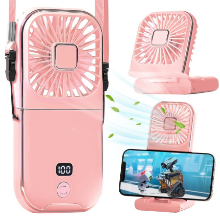 Ventilator Portabil  3 in 1, de Mana, de Gat, de Birou, 16.7 x 8 x 1.9 cm, 3 Trepte de Viteza, Incarcare USB, Pliabil, Afisaj Digital, Suport Telefon, Roz