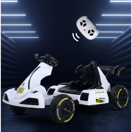 Masinuta Electrica Cyrax, Tip Kart, cu Telecomanda, Dimensiune Reglabila, 2 Viteze, Sistem de Lumini si Sunet, Pentru Copii intre 1.2 - 1.6 Inaltime, 105 x 55 x 50 cm, Alb