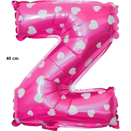 Balon Folie Metalizata Litera Z, Cyrax, 40 cm, Cu Imprimeu Inimioare, Umflati cu Heliu sau Aer, Ambalaj Individual, Pai inclus, Roz