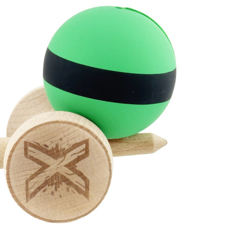 Kendama X Originala, Profesionala, Cyrax, Cupe Mari KING SIZE V3, Rubber Grip, Gaura in Baza, Rulment Metalic, din lemn 18 cm, Ata 62/65 cm, M Bicolor Verde Dublu/Negru
