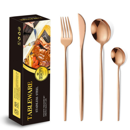 Tacamuri Portugheze, Cyrax, Set din 24 de Piese din Otel Inoxidabil, 6 Cutie, 6 Furculite, 6 Linguri de Masa, 6 Linguri pentru Ceai, Gold