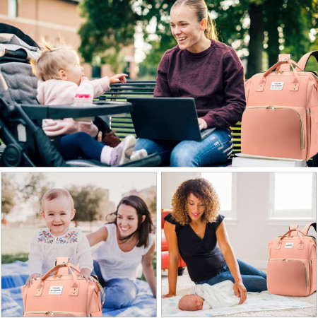 Rucsac Multifunctional pentru Mamici, Cyrax, cu Patut Pliabil si Baza de Schimbat, Rezistent la Apa, Capacitate Mare, Usor, Compartimente Multiple, Buzunar Termic pentru Lapte, 42 x 32 x 22 cm, Roz Pudra