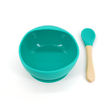 Set 2 piese diversificare bebelusi si copii din silicon Cyrax, bol cu ventuza, lingurita din lemn si silicon, pentru gustari, fara alergeni, verde