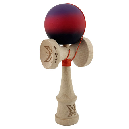 Kendama X Originala, Profesionala, Cyrax, Big Cups V2, Rubber Grip cu Cupe Mari, Rulment Metalic cu Ata 55 cm, Mov/Rosu/Negru