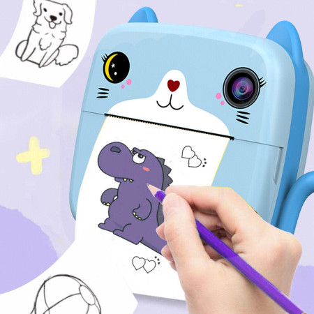 Set Camera Instantanee pentru Copii, Cyrax, Ecran HD 2.4'', 24MP, 720P Video, 1200 mAh, cu Functie de Printare Alb-Negru, cablu USB-C, Bluetooth, Compatibil iOS/Android, Imprimare APP, Model Kitty, Albastru