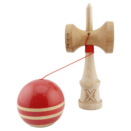 Kendama X Rainbow Originala, Profesionala, Cyrax, Big Cups V2, Super Sticky cu Cupe Mari, Rulment Metalic, din lemn 18 cm, Ata 55 cm, Rosu/Maro