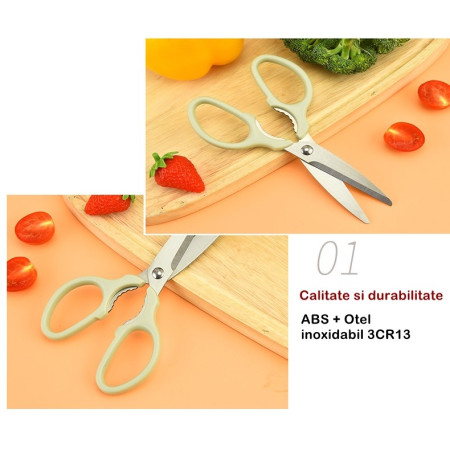 Set foarfeca pentru bucatarie Cyrax, curatator legume tip suport, multifunctional, spargator nuci, material ABS si otel inoxidabil, maner ergonomic, 16.8 x 7.8 x 1 cm, verde