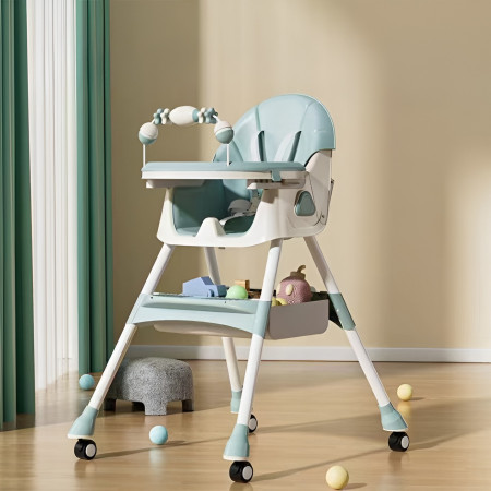 Scaun de Masa pentru Bebelusi si Copii, Cyrax, 2 Tavite cu Jucarii si Husa Detasabile, Multifuncțional, Stabil, Centura de Siguranta, Spatar Reglabil Moale, Balansoar, Cos de Depozitare, de la 6 Luni, 97x73x65cm, Turcoaz