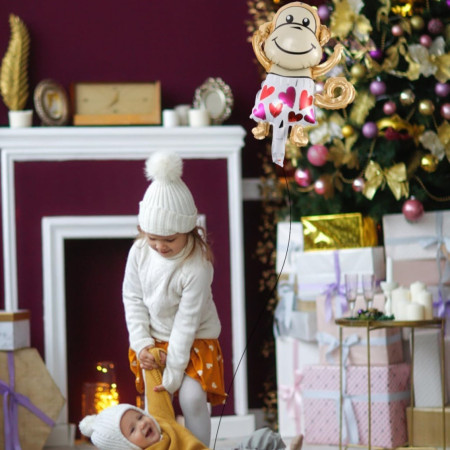 Balon din Folie Metalizata, Cyrax, Mini Figurine Animalute, Model Maimutica, Tematica Aniversare, 45x28 cm, Ambalaj Individual, Pai Inclus, Umflare cu Aer sau Heliu, Multicolor