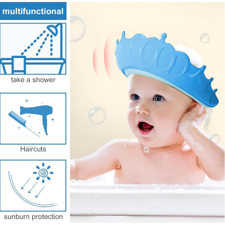 Cyrax Viziera de Protectie Baie Pentru Copii, Fippy, Model Coronita, Dimensiune ajustabila, Durabil, Usor de curatat, Impotriva Samponului, pentru Ochi si Urechi, TPE+PP, 24x22 cm, Albastru