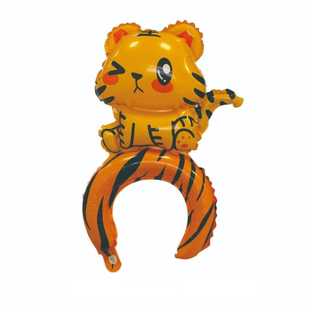 Balon din Folie Metalizata, Cyrax, Tip Coronita, Model Tigru, Ambalaj Individual, Pai Inclus, Umflare cu Aer sau Heliu, 48 x 28 cm, Portocaliu
