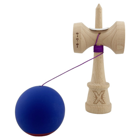 Kendama X Originala, Profesionala, Cyrax, Rubber Grip, Cupe Mari KING SIZE V3, Gaura in Baza, Rulment Metalic, din lemn 18 cm, Ata 62/65 cm, Bicolor Albastru inchis/Rosu