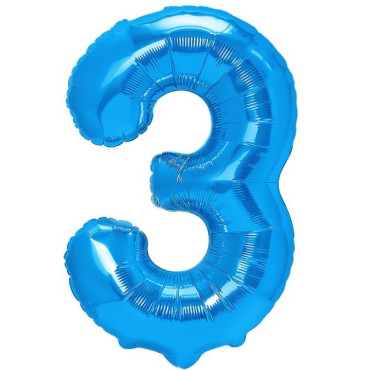 Balon din Folie Metalizata, Cyrax, Figurina Cifra, Tema Aniversare 80 cm, Ambalaj Individual, Pai inclus, Umflare cu Aer sau Heliu, Albastru, Cifra 3