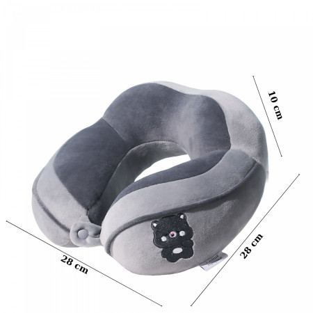 Perna de Calatorie,  Pentru Gat si Cap, Umplutura din Bumbac, 28x28x10 cm, cu Model Brodat Urs, Gri
