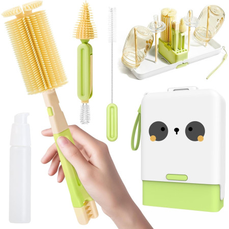 Set 7 Piese de Spalat/Uscat Biberoane, Cyrax, Portabil, Peri de Silicon, pentru Tetine, Suzete, Biberoane, Paie, Cutie Inclusa, 16.8 x 12 x 5 cm, Model Panda, Verde