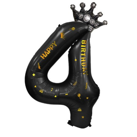 Balon din Folie Metalizata Cyrax, Figurina Cifra si Coroana, Scris Happy Birthday, Tema Aniversare 100 cm, Ambalaj Individual, Pai inclus, Umflare cu Aer sau Heliu, Negru, Cifra 4