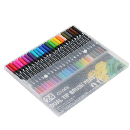 Set 24 Carioci, Cyrax, pe Baza de Apa, 2 Tipuri de Varf, 1-2 mm, 0.4 mm, Corp Carioca Negru, din Plastic, Multicolor