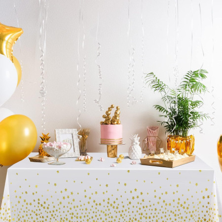 Fata de Masa, Cyrax, din Folie, Imprimeu Stele Aurii, Impermeabila, 137 x 274 cm, Alb