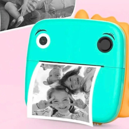 Set Camera Instantanee pentru Copii, Cyrax, Ecran HD 2.4'', 24MP, 1200 mAh, cu Functie de Printare Alb-Negru, cablu USB-C, Bluetooth, Compatibil iOS/Android, Model Dinozaur, Turcoaz