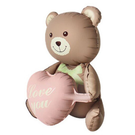 Balon din Folie Metalizata, Cyrax, Figurina Animata, Model Ursulet cu Inimioare, 105.5 x 66.5 cm, Ambalaj Individual, Pai Inclus, Umflare cu Aer sau Heliu, Maro