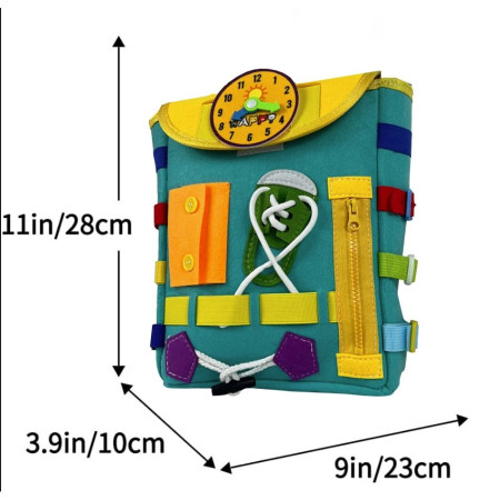 Ghiozdan Montessori, Cyrax, pentru Copii 2-6 ani, Fidget Pop, cu Catarame si Fermoare, Jucarii Senzoriale, Activitate de Invatare prin Joc, Turcoaz, 0.25 kg, 28x10x23 cm