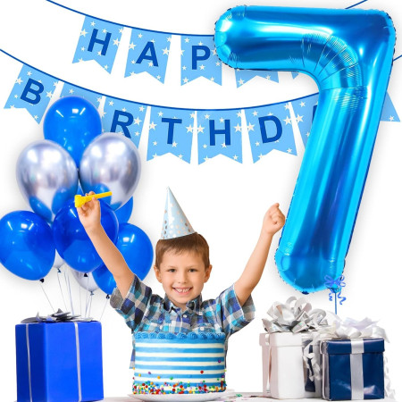 Balon din Folie Metalizata Cyrax, Figurina Cifra, Tema Aniversare 40 cm, Ambalaj Individual, Pai inclus, Umflare cu Aer sau Heliu, Albastru, Cifra 7