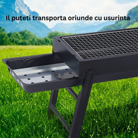 Gratar Portabil, Cyrax, Confectionat din Metal, pentru Picnic, Gradina, Terasa, Camping, Dimensiuni Reduse, 60x22x23 cm, Negru