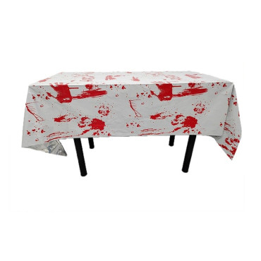 Fata de Masa, Cyrax, din Folie, Imprimeu Halloween - Help Me, 137 x 274 cm, Alb/Rosu