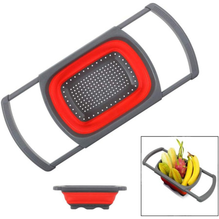 Cos de Scurgere Retractabil pentru Chiuveta, Cyrax, cu Filtru, pentru Fructe si Legume, de Uz Casnic, 39x12 cm, Design Extensibil pana la 61 cm, cu Manere de Prindere, Rosu