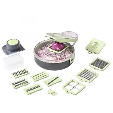 Feliator Multifunctional, Cyrax, Razatoare, 8 in 1, pentru Fructe si Legume, 12 Piese, Lame de Inox, Recipient Stocare, Separator Oua, Protectie Mana, ABS, Gri/Verde, 29.5x9x21.8 cm
