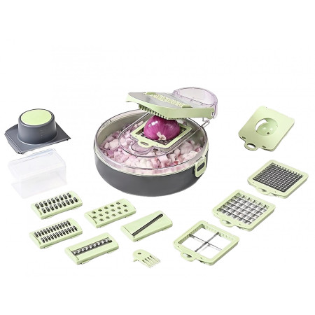 Feliator Multifunctional, Cyrax, Razatoare, 8 in 1, pentru Fructe si Legume, 12 Piese, Lame de Inox, Recipient Stocare, Separator Oua, Protectie Mana, ABS, Gri/Verde, 29.5x9x21.8 cm