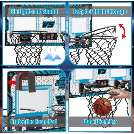 Set 2 Cosuri de Baschet pentru Copii, Cyrax, cu Tablou de Bord Electronic, Pentru 2 Jucatori, Minge, Pompa, 2 Moduri, Interior/Exterior, Inel Metalic si Rabatabil cu Arc, Luminos, 60x31x6 cm, Multicolor