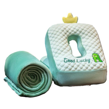 Set 2in1 Patura Microfibra si Perna din Spuma,  pentru Birou, Calatorii, Pauze, Model Dinozaur, Microfibra, 1x1.7 m, 30x35x30 cm, Verde