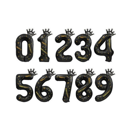 Balon din Folie Metalizata Cyrax, Figurina Cifra si Coroana, Scris Happy Birthday, Tema Aniversare 100 cm, Ambalaj Individual, Pai inclus, Umflare cu Aer sau Heliu, Negru, Cifra 6