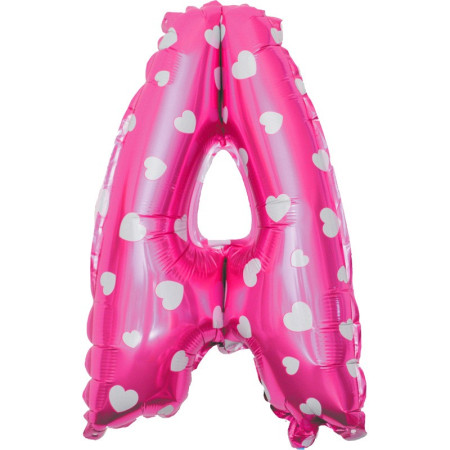 Balon Folie Metalizata Litera A, Cyrax, 40 cm, Cu Imprimeu Inimioare, Umflati cu Heliu sau Aer, Ambalaj Individual, Pai inclus, Roz