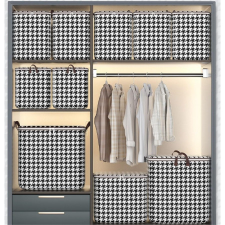 Cutie de Depozitare cu Fermoar,  Pliabila, Maner Ranforsat, Fermoar Rezistent, pentru Haine, Paturi, Plapumi, Perne, Lenjerii de Pat, Jucarii, 56x45x56 cm, 140 Litri, in Carouri, Alb-Negru